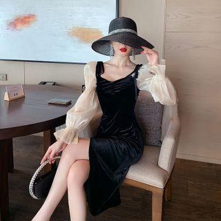 Long-sleeve Velvet Panel Slit Dress