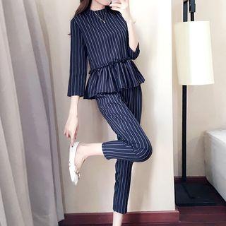 Set: Pinstriped 3/4 Sleeve Peplum Top + Cropped Pants