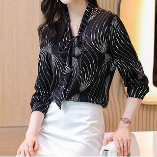 Ribbon Tie-neck Patterned Blouse / Dress Pants / Pencil Skirt / Set
