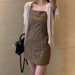 Cardigan / Spaghetti Strap Plaid Mini A-line Dress