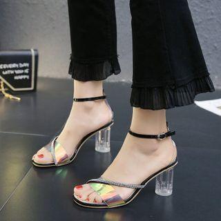 Iridescent Ankle Strap Chunky Heel Sandals