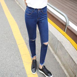 Ripped Fray Hem Skinny Jeans
