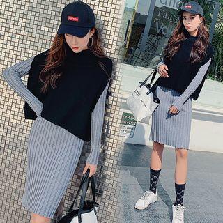 Set: Rib Knit Dress + Mock-neck Knit Vest As Shown In Figure - One Size