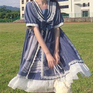 Short-sleeve Sailor Collar Lace Trim Lolita Dress / Petticoat Skirt
