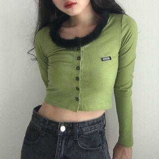 Furry Trim Long-sleeve Cropped Top