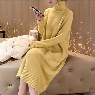 Turtleneck Long-sleeve Midi Knit Dress Yellow - One Size