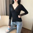 Long-sleeve Lace Trim Plain Top Black - One Size