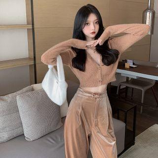 Cropped Cardigan / Velvet Wide-leg Pants