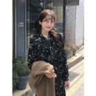 Long-sleeve Gathered-waist Tie-front Floral Long Dress