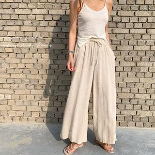 Drawcord Wide Linen Blend Pants
