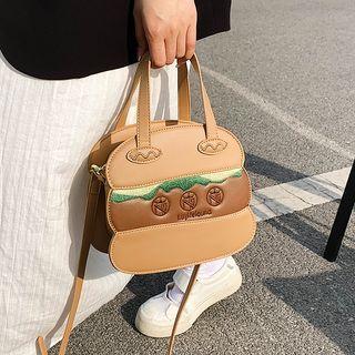 Embroidered Paneled Top Handle Crossbody Bag