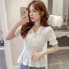 V-neck Short-sleeve Crinkle Peplum Blouse