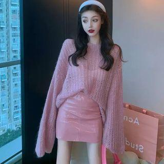Set: Plain Sweater + Faux Leather Mini A-line Skirt