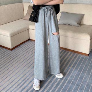 Drawstring-waist Distressed Wide-leg Cotton Pants