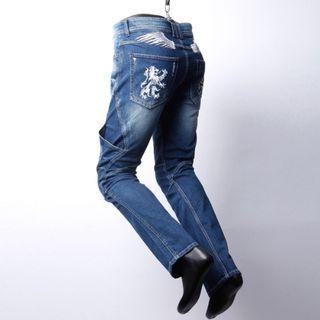 Paint-stain Lion Embroidery Straight Jeans