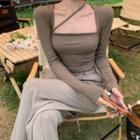 Long-sleeve Square-neck Crop Top / Wide Leg Pants