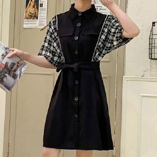 Elbow-sleeve Plaid Panel Mini A-line Dress