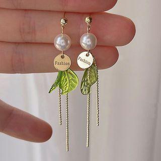 Faux Pearl Leaf Drop Earring 1 Pair - 1820 - Gold - One Size