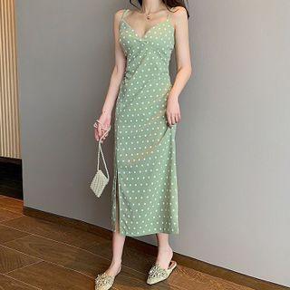 Spaghetti Strap Dotted Slit Midi A-line Dress