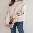 Floral-embroidered Sleeve Brushed-fleece Lined Sweatshirt