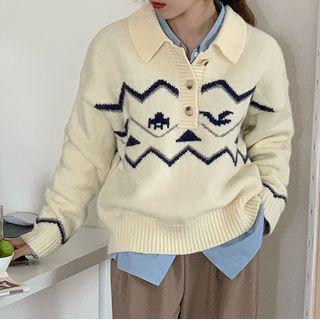 Patterned Polo Sweater Black & White - One Size