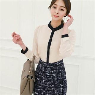 Mandarin-collar Contrast-trim Chiffon Blouse