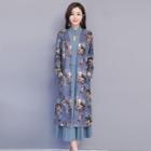 Set: Sleeveless Midi A-line Dress + Flower Printed Long Jacket