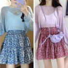 Long-sleeve Plain Loose-fit Top / Floral Print Skirt