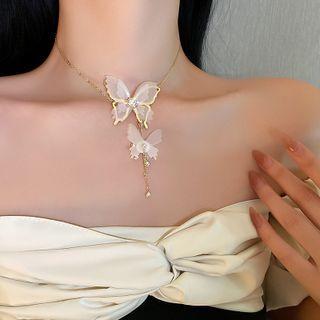 Faux Pearl Butterfly Drop Necklace White - One Size