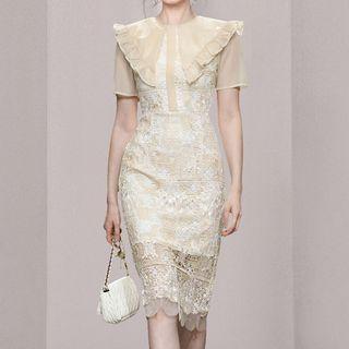Short-sleeve Frill Trim Lace Sheath Dress