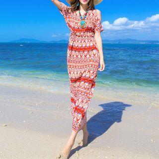 Short-sleeve Cold Shoulder Patterned Midi Sheath Dress