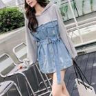 Mock Two-piece Long-sleeve Hooded Denim Mini A-line Dress