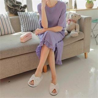 Elbow-sleeve Frill-hem T-shirt Dress