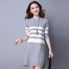 Striped Long-sleeve Knit Dress Gray - One Size