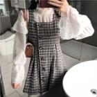 Lace Panel Ruffle Trim Blouse / Houndstooth Mini Pinafore Dress