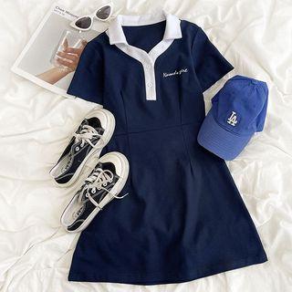 Short-sleeve Lettering Embroidered A-line Dress Blue - One Size