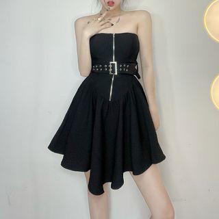 Sleeveless Belt-accent Zip-up Mini A-line Dress