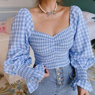 Puff-sleeve Gingham Smocked Blouse