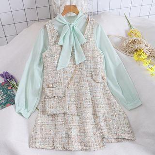 Set Of 2: Plain Tie-neck Long-sleeve Blouse + Sleeveless Tweed A-line Dress