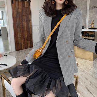 Double-breasted Plaid Blazer / Long-sleeve Ruffle Hem Dress