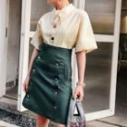 Set: Buttoned Elbow-sleeve Blouse + High-waist A-line Skirt