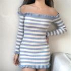 Long-sleeve Off-shoulder Striped Mini Sheath Knit Dress