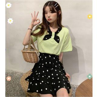 Set: Short-sleeve T-shirt + Polka Dot A-line Mini Tiered Skirt