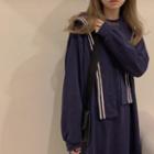 Long-sleeve Plain Loose Fit Dress + Striped Shawl