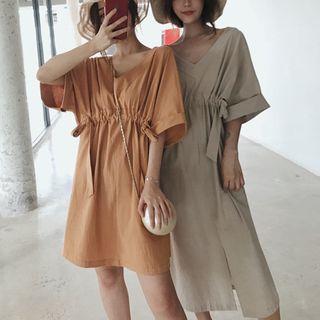Elbow-sleeve V-neck Drawstring A-line Dress