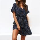 Short-sleeve Dotted Button-up Mini A-line Dress