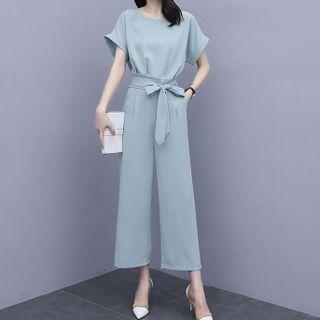 Set: Short-sleeve Blouse + Wide Leg Pants + Belt