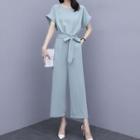 Set: Short-sleeve Blouse + Wide Leg Pants + Belt