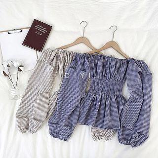 Plaid Ruffled-trim Off-shoulder Puff-sleeve Top