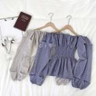 Plaid Ruffled-trim Off-shoulder Puff-sleeve Top